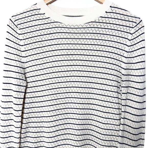 Tory Burch Sport Women Ivory Navy Blue Striped Pointelle Knit Crewneck Sweater M - Picture 3 of 8